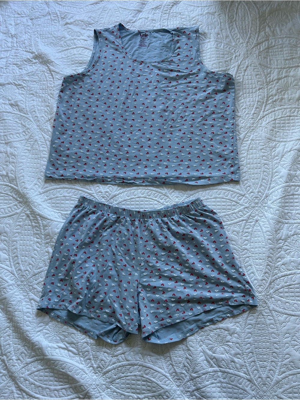 Ariella Heart Print Pajama Set Light Blue Tank & Shorts 100% Cotton